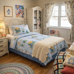 90s Vintage Blue Teddy Bear Kids Twin Duvet Set Deadstock NIP Grandmillennial 💙